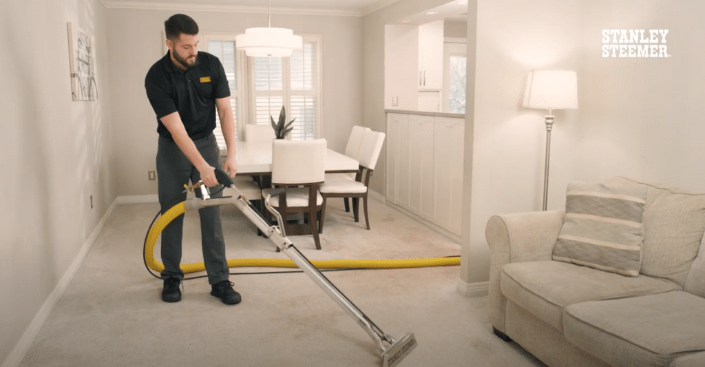 Stanley Steemer commercial featuring an employee steam cleaning a carpet. Commercial voiced by Dan Sheldon